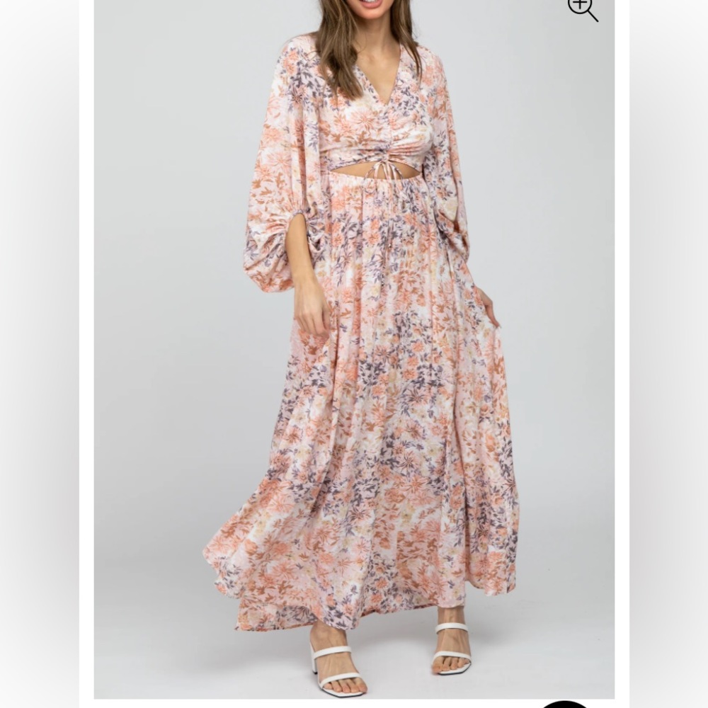 Peach Floral Front Peasant Boho Cutout Maxi Dress| Sz Large